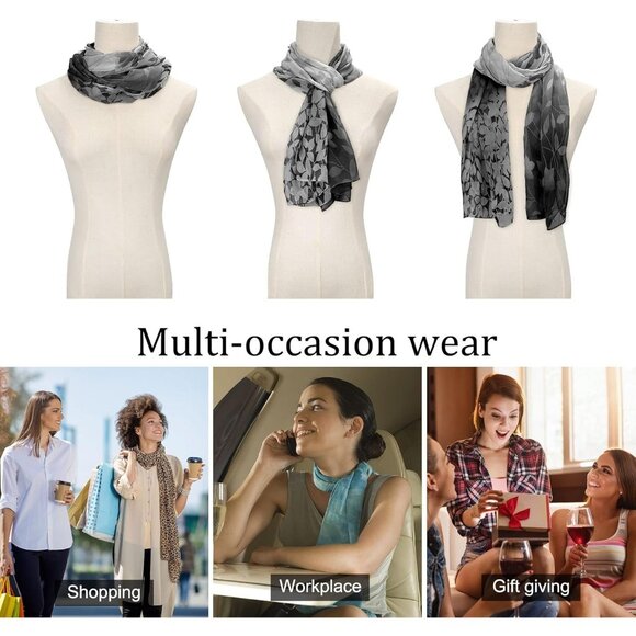 Women's Black+white Fashion Lightweight Head Scarf Floral Print Chiffon Scarves - Picture 4 of 6